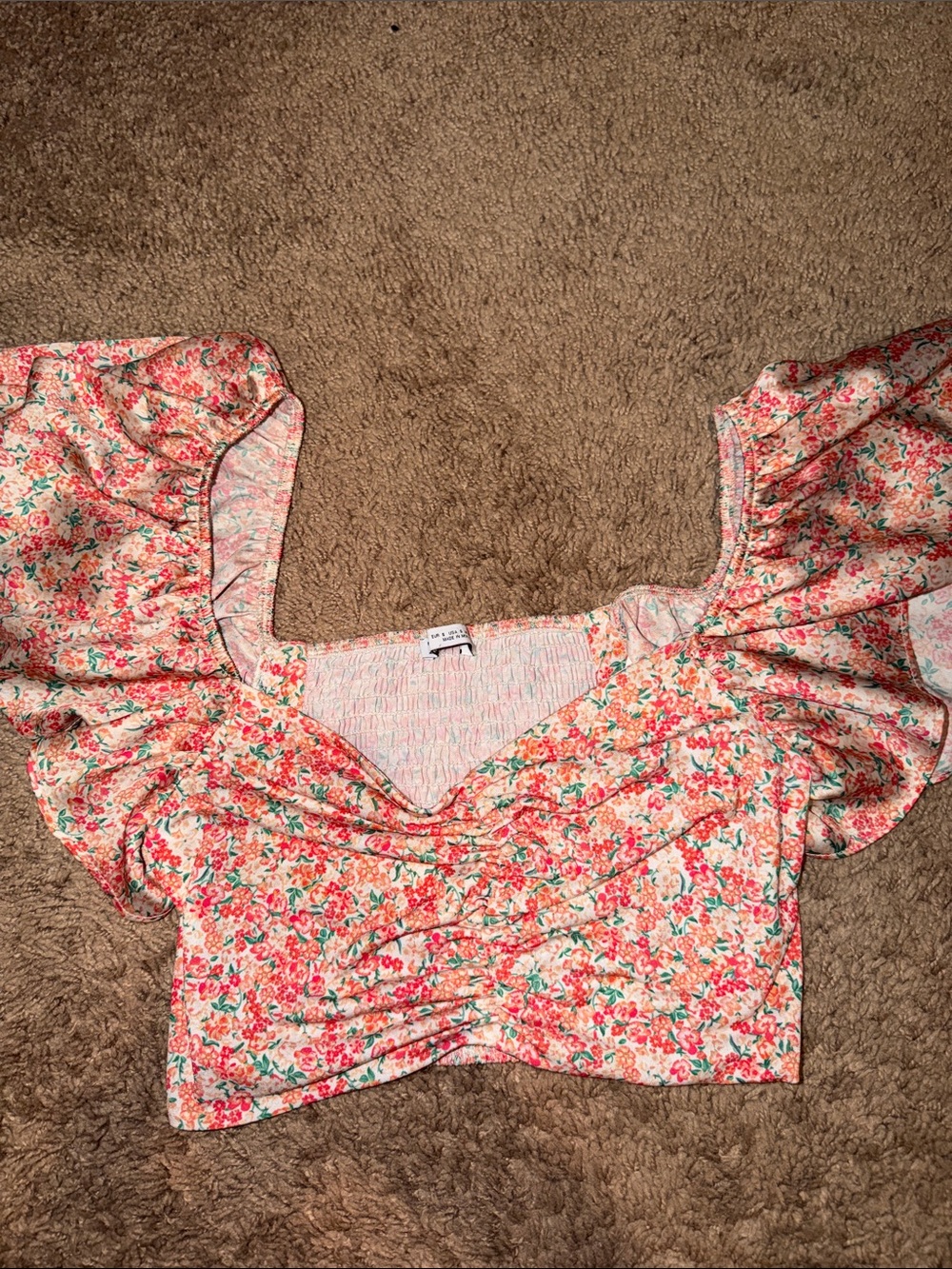 Zara Floral Ruffle-Sleeve Crop Top in Cream and Pink